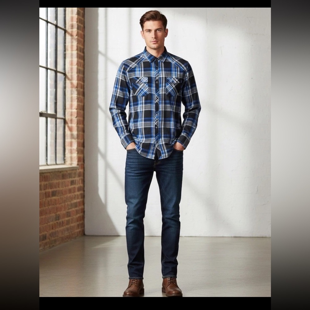INC International Concepts Mens Long Sleeve Western Pearl Snap Plaid Shirt Large